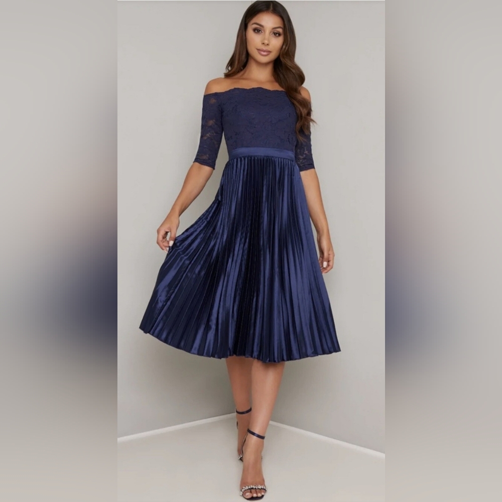 Chi Chi London Blue Pleated Off-Shoulder Midi Dress